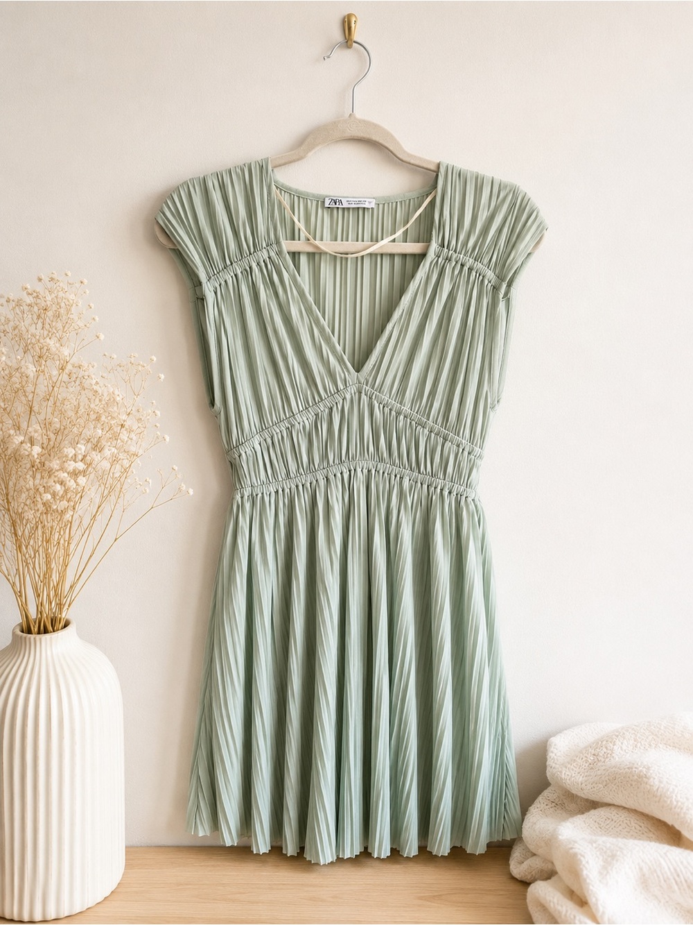 Zara Sage Green Pleated Mini Dress Cottagecore Balletcore Size Small
